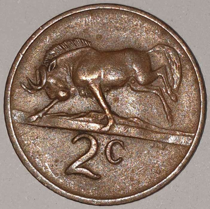 1973 - 2 CENT COIN (TWO CENT COIN) - RSA - BRONZE - KM#83 - BILINGUAL LEGEND - WILDEBEEST